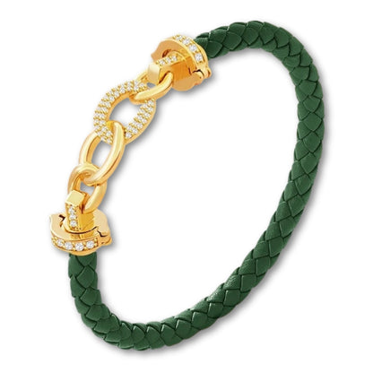 Bracelet cuir tressé femme maillons dorés | Élégant et raffiné Vert Foncé / 16cm