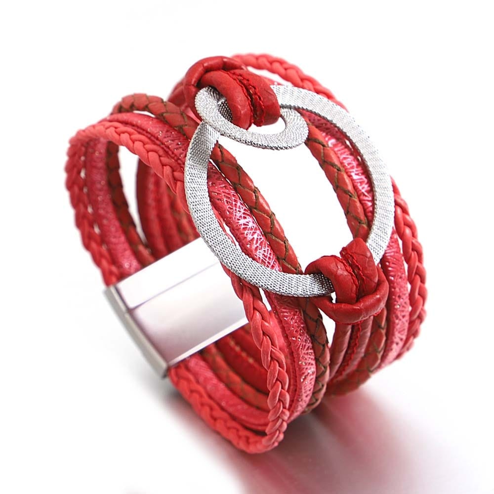 bracelet cuir tressé femme Rouge