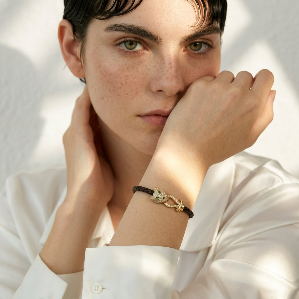 Bracelet cuir tressé femme tête de panthère dorée | WristArt