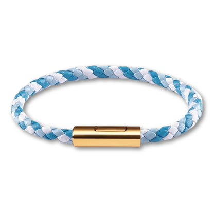 Bracelet cuir tressé fermoir doré – Mixte, 16 couleurs Bleu/Blanc / 16 cm