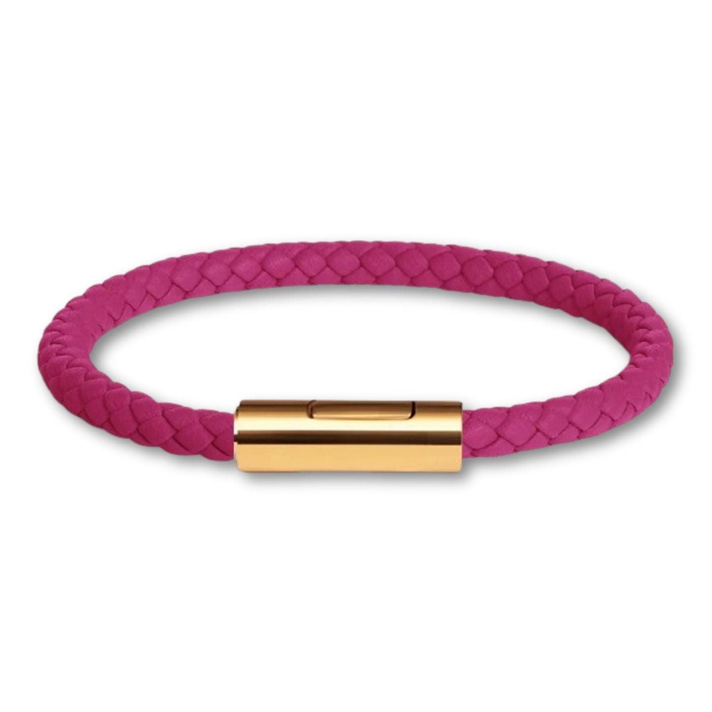 Bracelet cuir tressé fermoir doré – Mixte, 16 couleurs Fushia / 16 cm