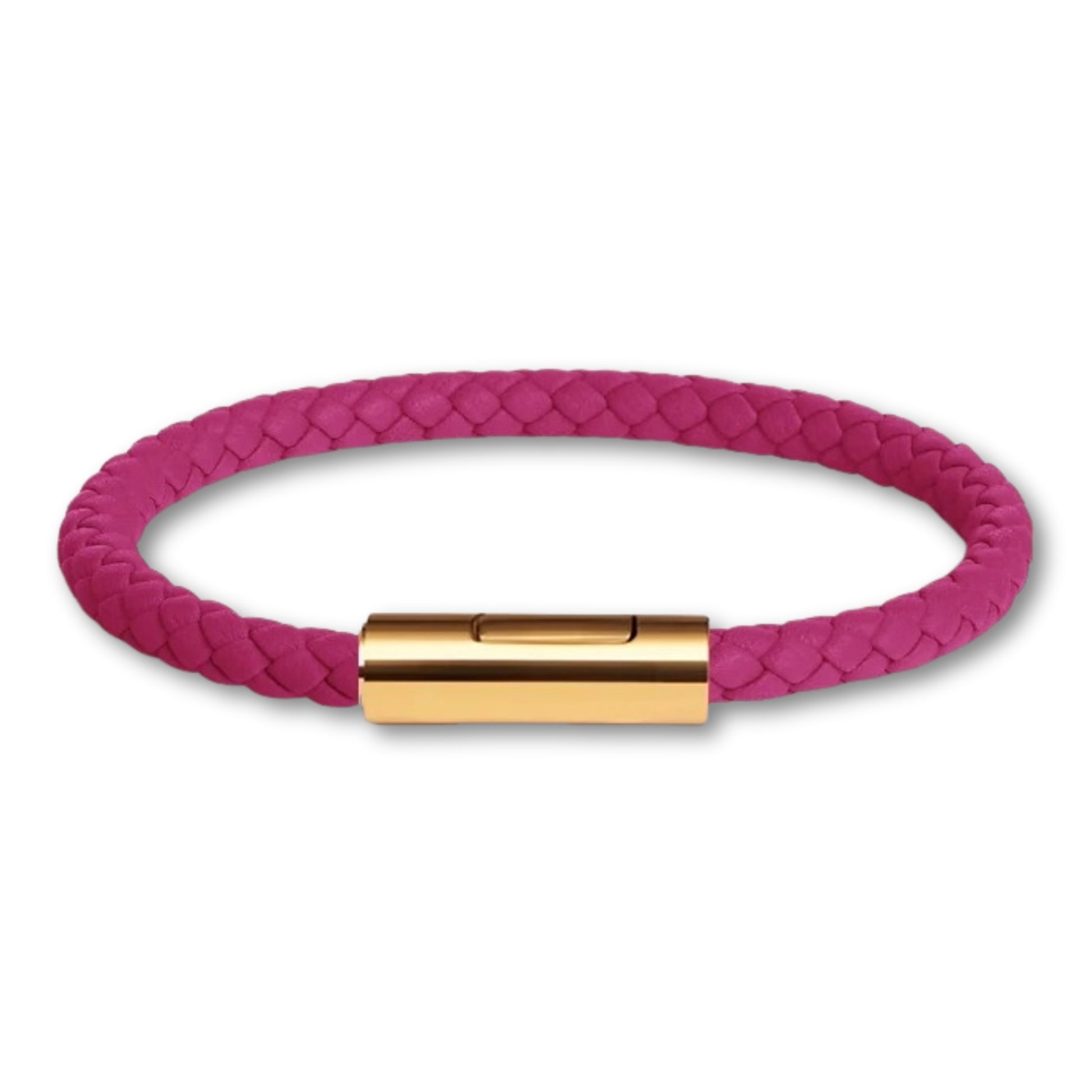 Bracelet cuir tressé fermoir doré – Mixte, 16 couleurs Fushia / 16 cm