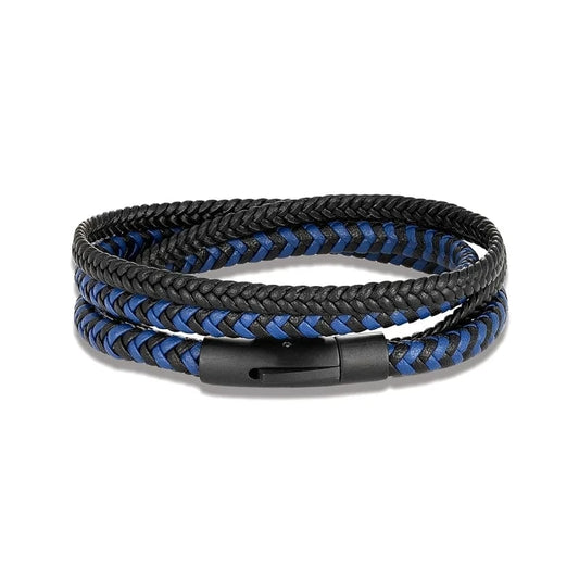 bracelet cuir tressé homme triple tours Bleu / 19cm