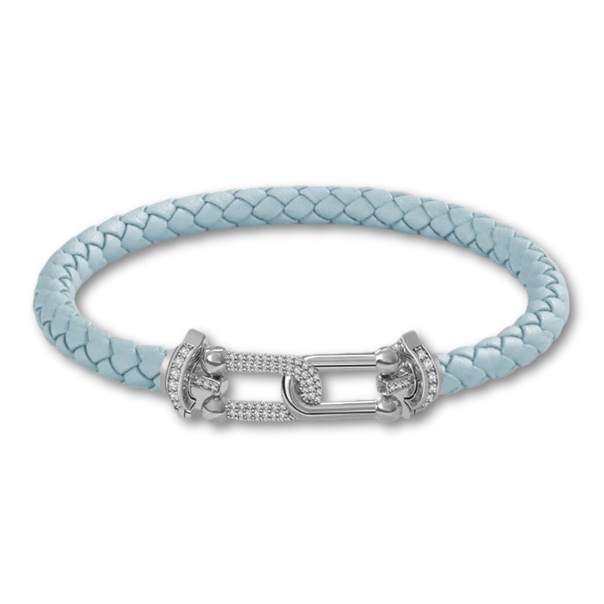 Bracelet en cuir tressé pour femme fermoir argenté chic Bleu Clair / 16cm