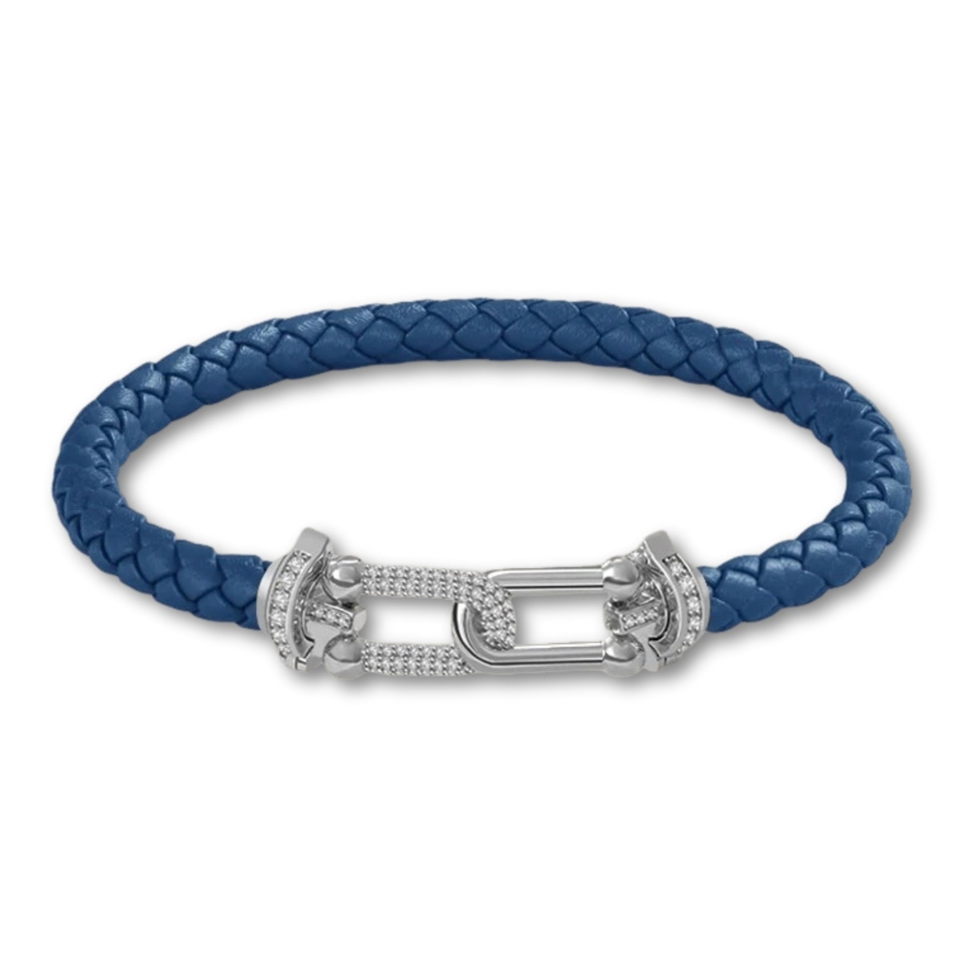 Bracelet en cuir tressé pour femme fermoir argenté chic Bleu Foncé / 16cm