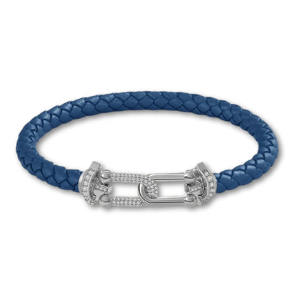 Bracelet en cuir tressé pour femme fermoir argenté chic Bleu Foncé / 16cm