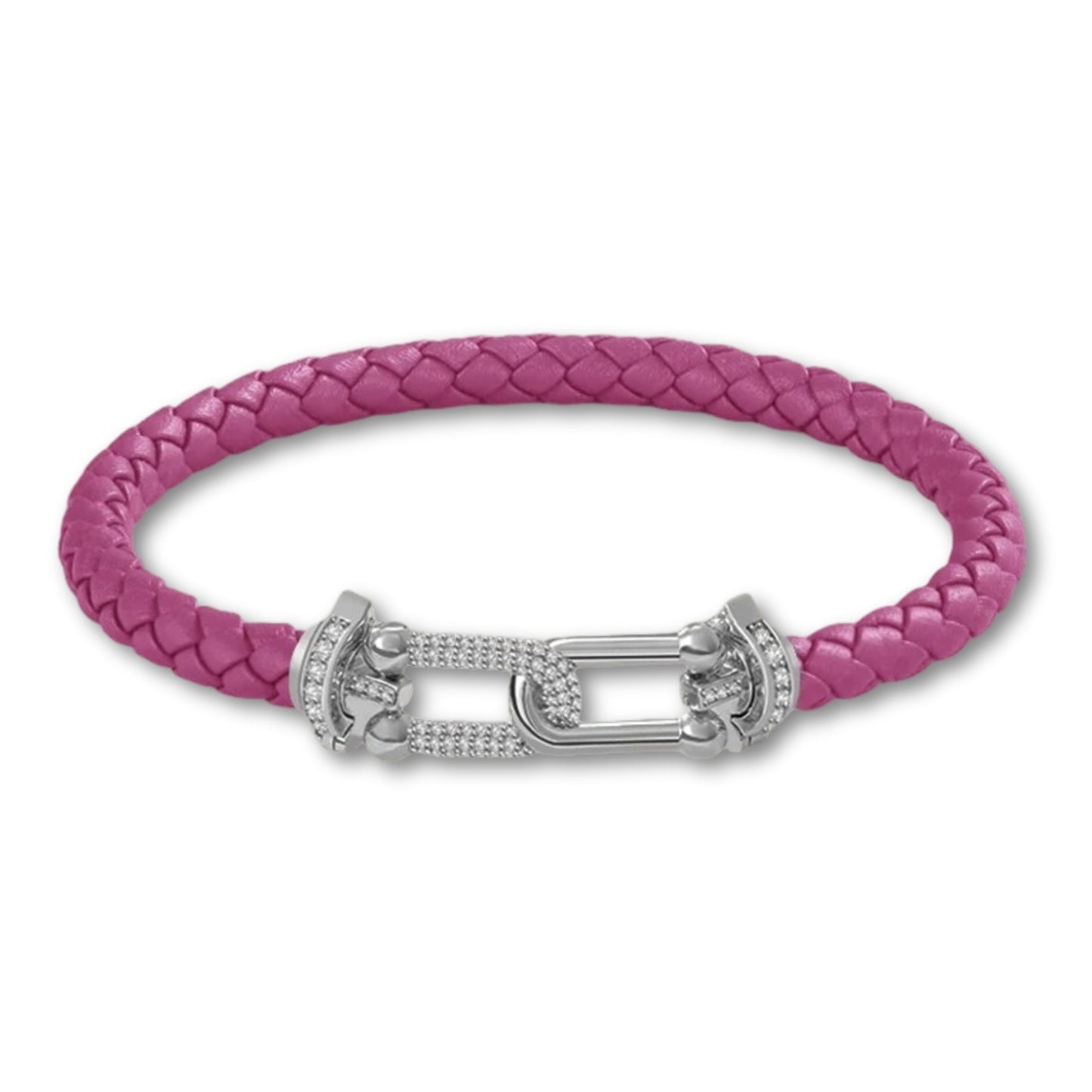 Bracelet en cuir tressé pour femme fermoir argenté chic Fushia / 16cm