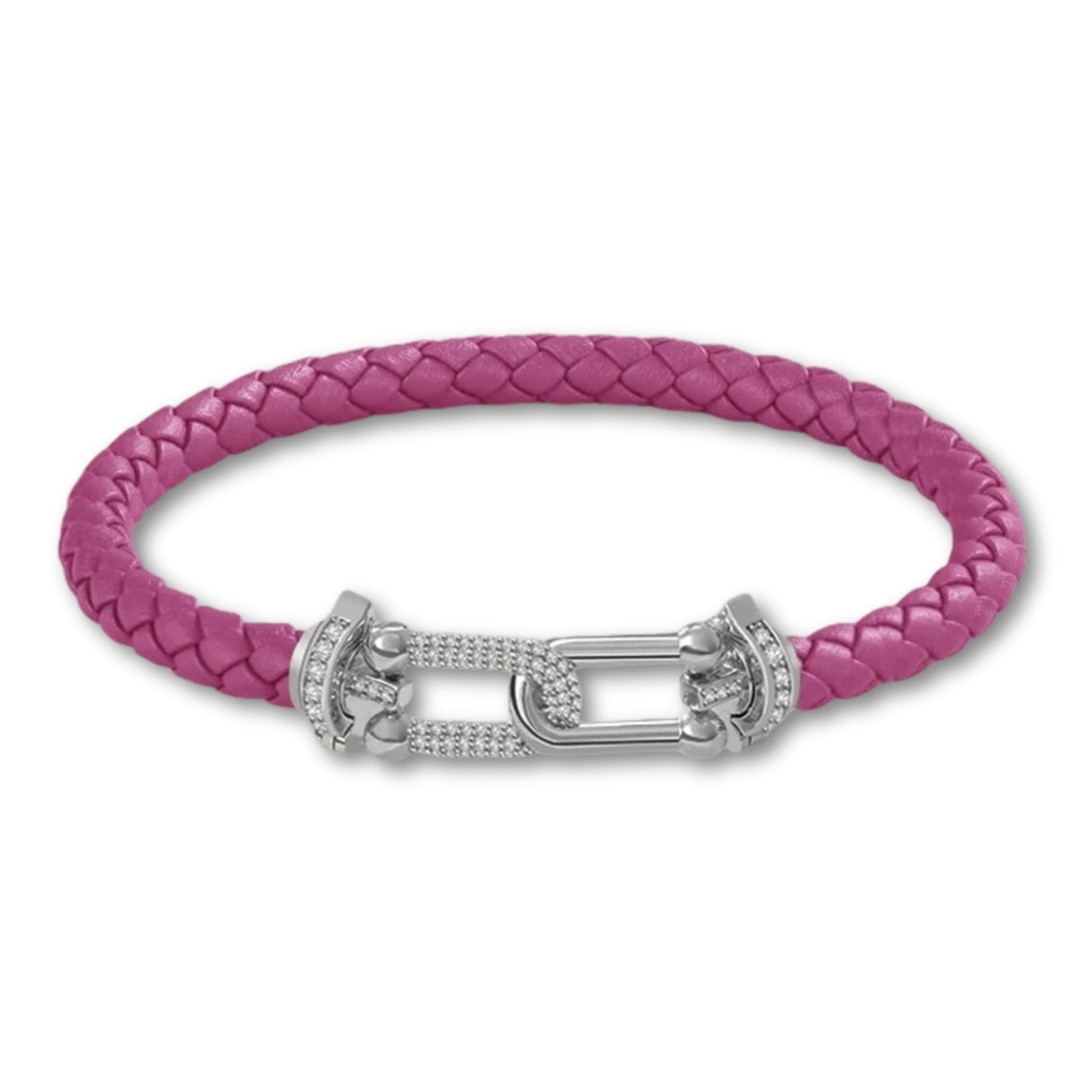 Bracelet en cuir tressé pour femme fermoir argenté chic Fushia / 16cm