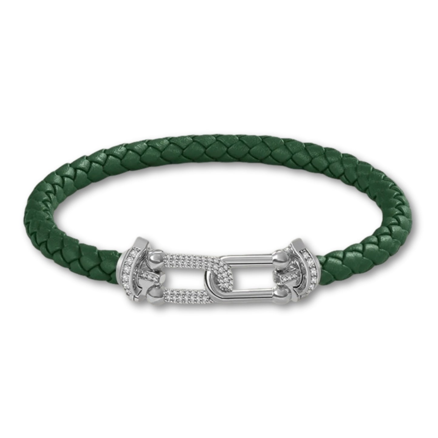 Bracelet en cuir tressé pour femme fermoir argenté chic Vert Foncé / 16cm