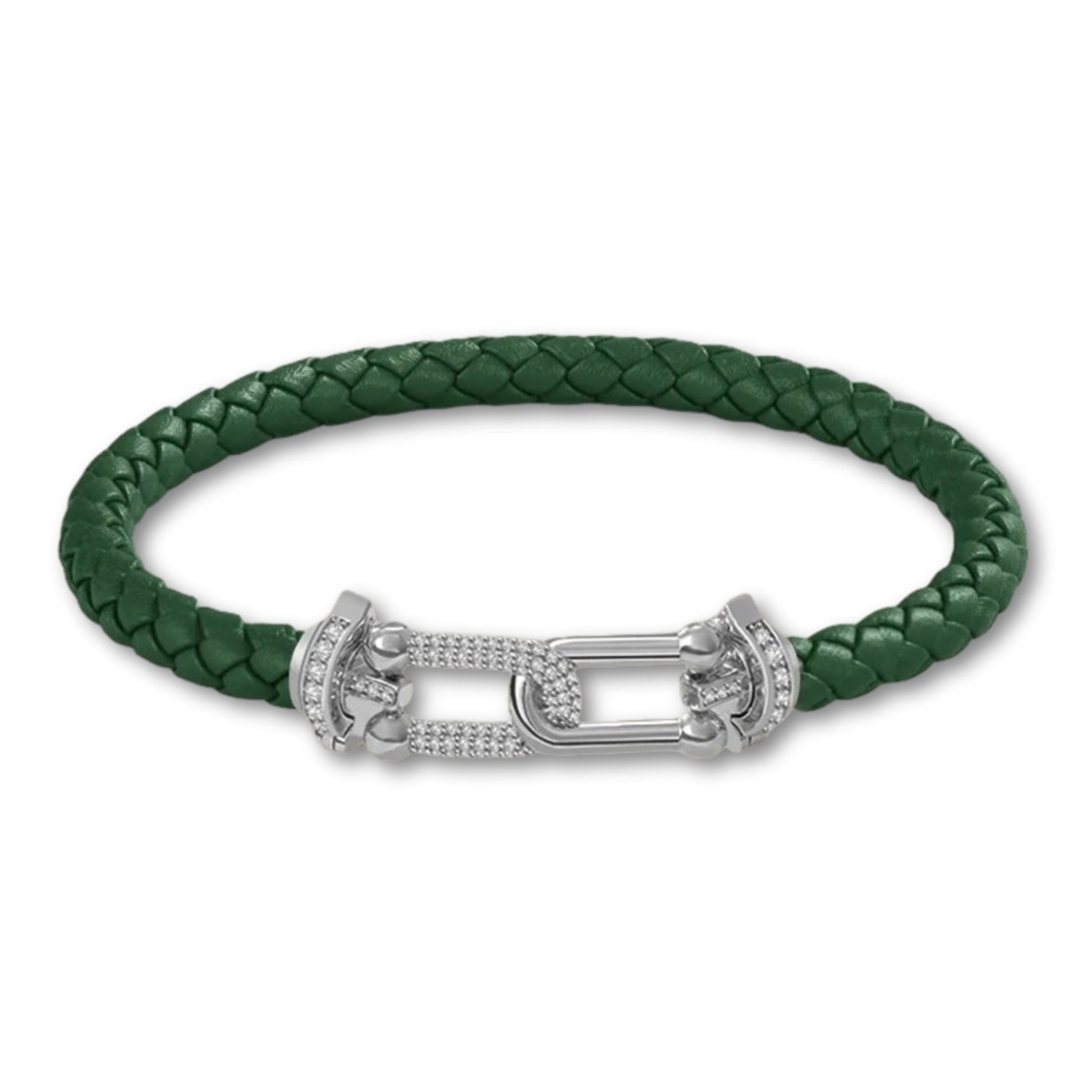 Bracelet en cuir tressé pour femme fermoir argenté chic Vert Foncé / 16cm