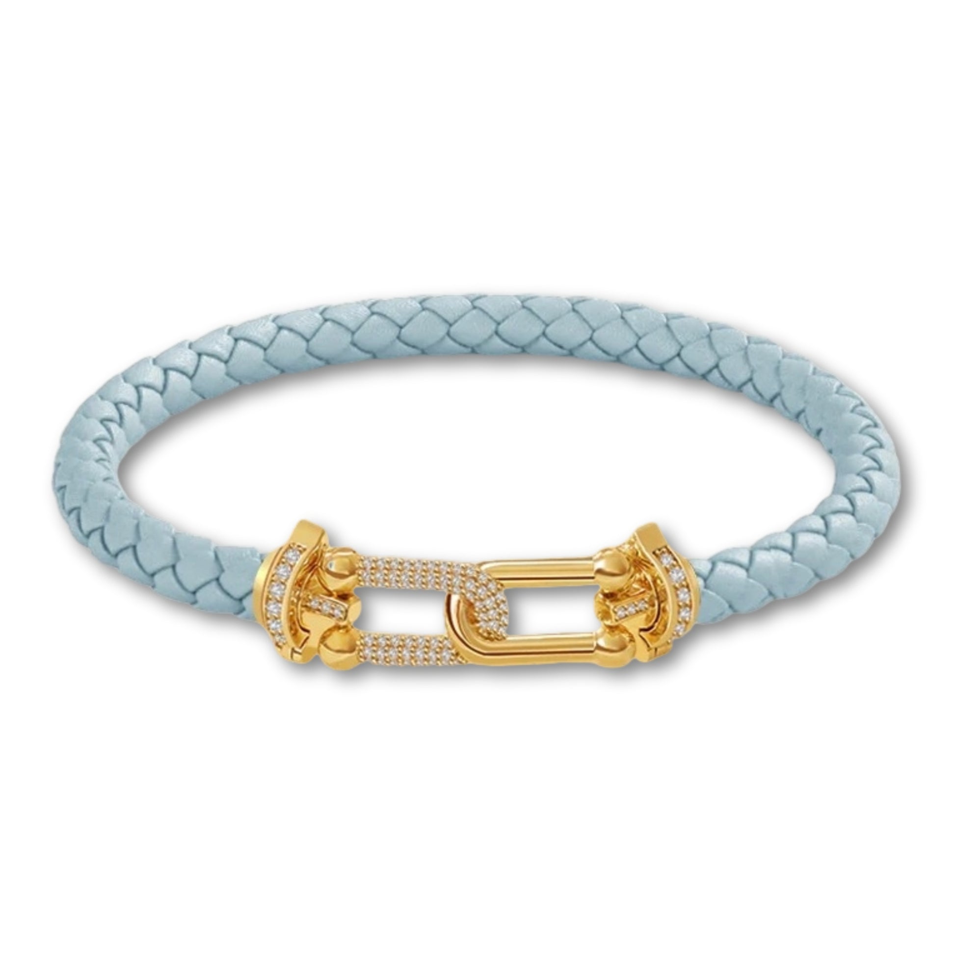 Bracelet en cuir tressé pour femme fermoir doré – 12 couleurs Bleu Clair / 16cm
