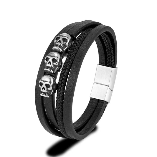 Bracelet homme cuir tête de mort Noir / 19cm
