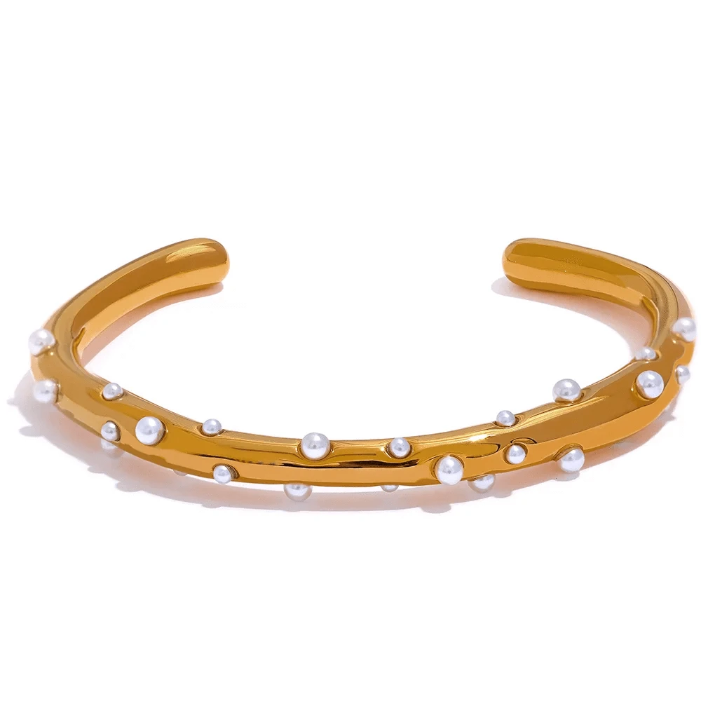 bracelet jonc acier doré perles blanches