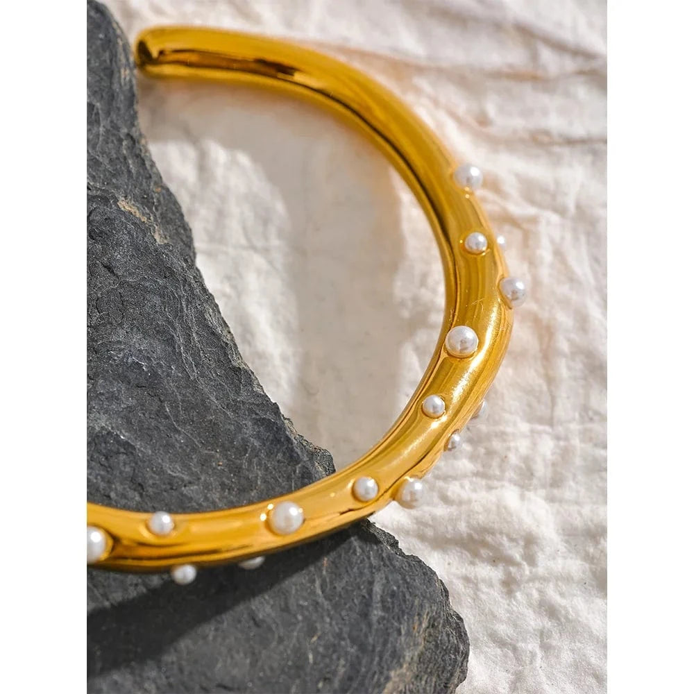 bracelet jonc acier doré perles blanches