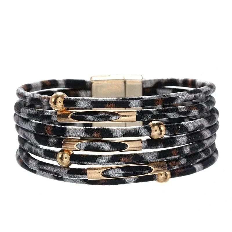 Bracelet Léopard Multirangs Cuir Gris