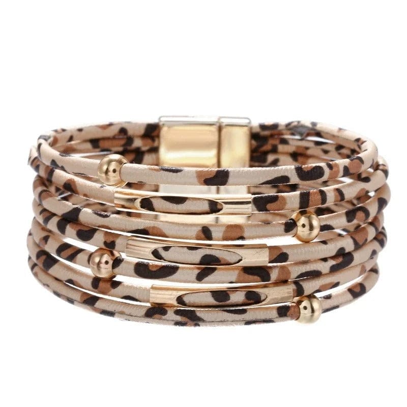Bracelet Léopard Multirangs Cuir Léopard Beige