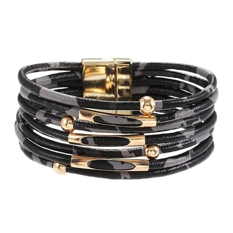Bracelet Léopard Multirangs Cuir Léopard gris