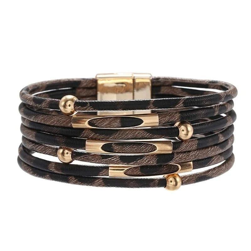 Bracelet Léopard Multirangs Cuir Léopard Marron