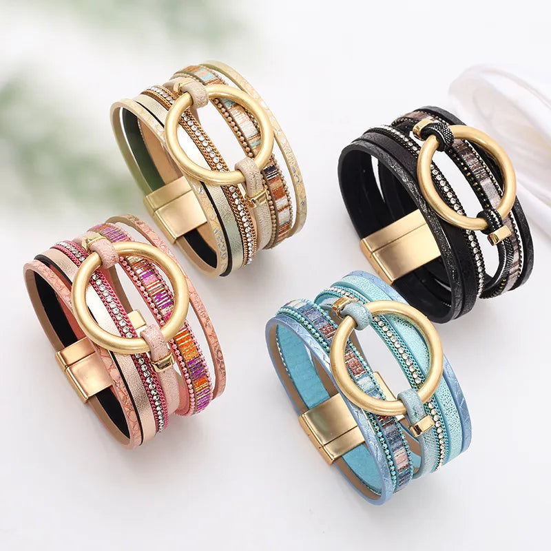 Bracelet manchette cuir femme anneau doré | Bijou chic