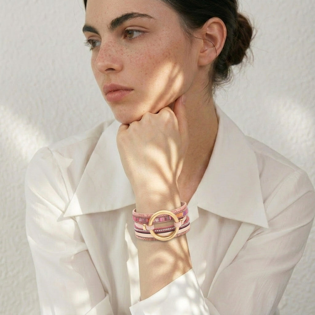 Bracelet manchette cuir femme anneau doré | Bijou chic