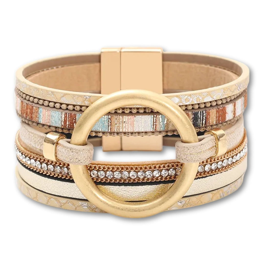 Bracelet manchette cuir femme anneau doré | Bijou chic Beige