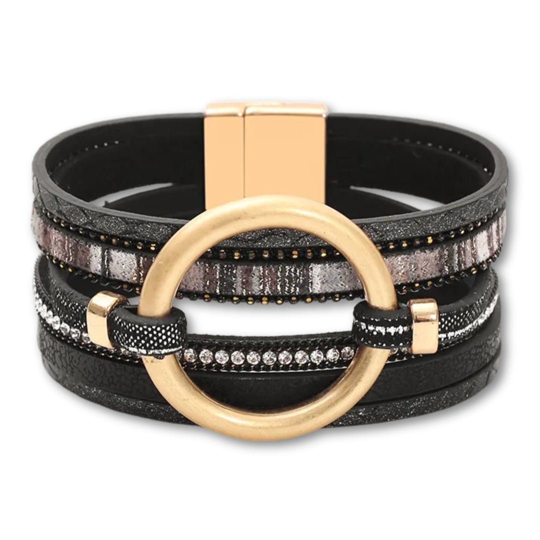Bracelet manchette cuir femme anneau doré | Bijou chic Noir