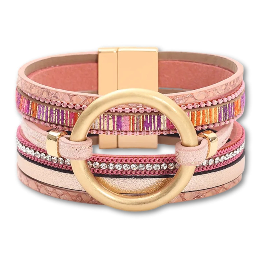 Bracelet manchette cuir femme anneau doré | Bijou chic Rose