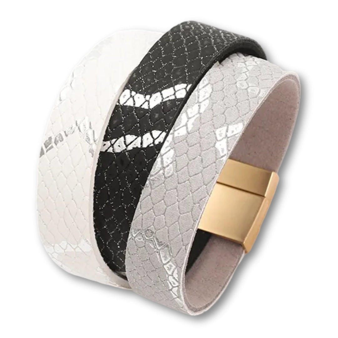 Bracelet manchette cuir femme effet serpent chic et tendance Blanc/Noir/Gris