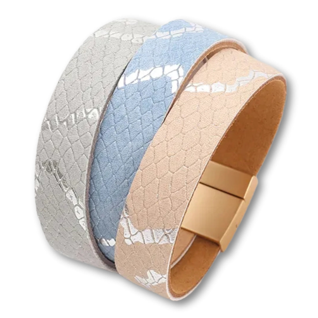 Bracelet manchette cuir femme effet serpent chic et tendance Gris/Bleu/Rose
