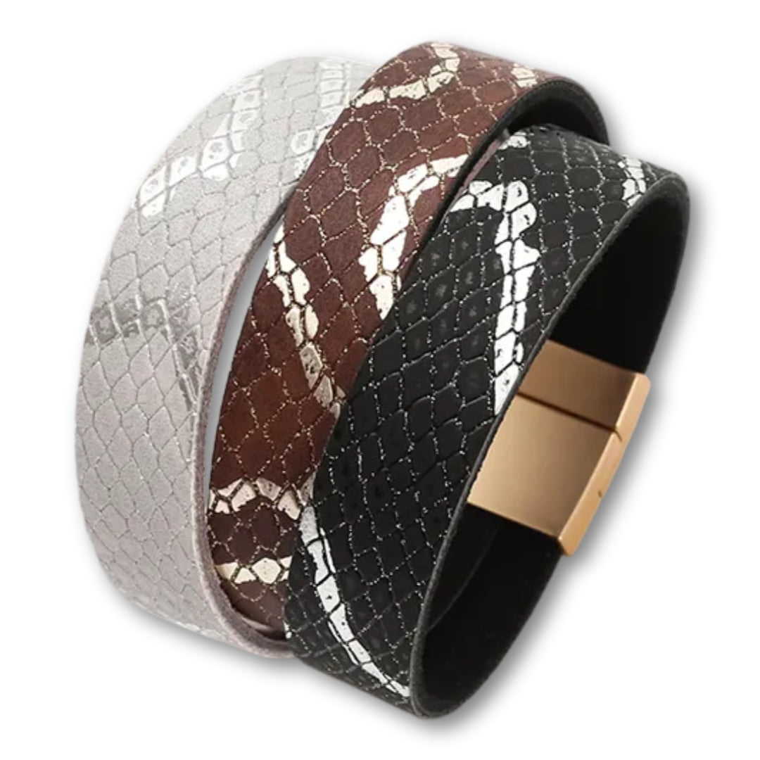 Bracelet manchette cuir femme effet serpent chic et tendance Gris/Marron/Noir