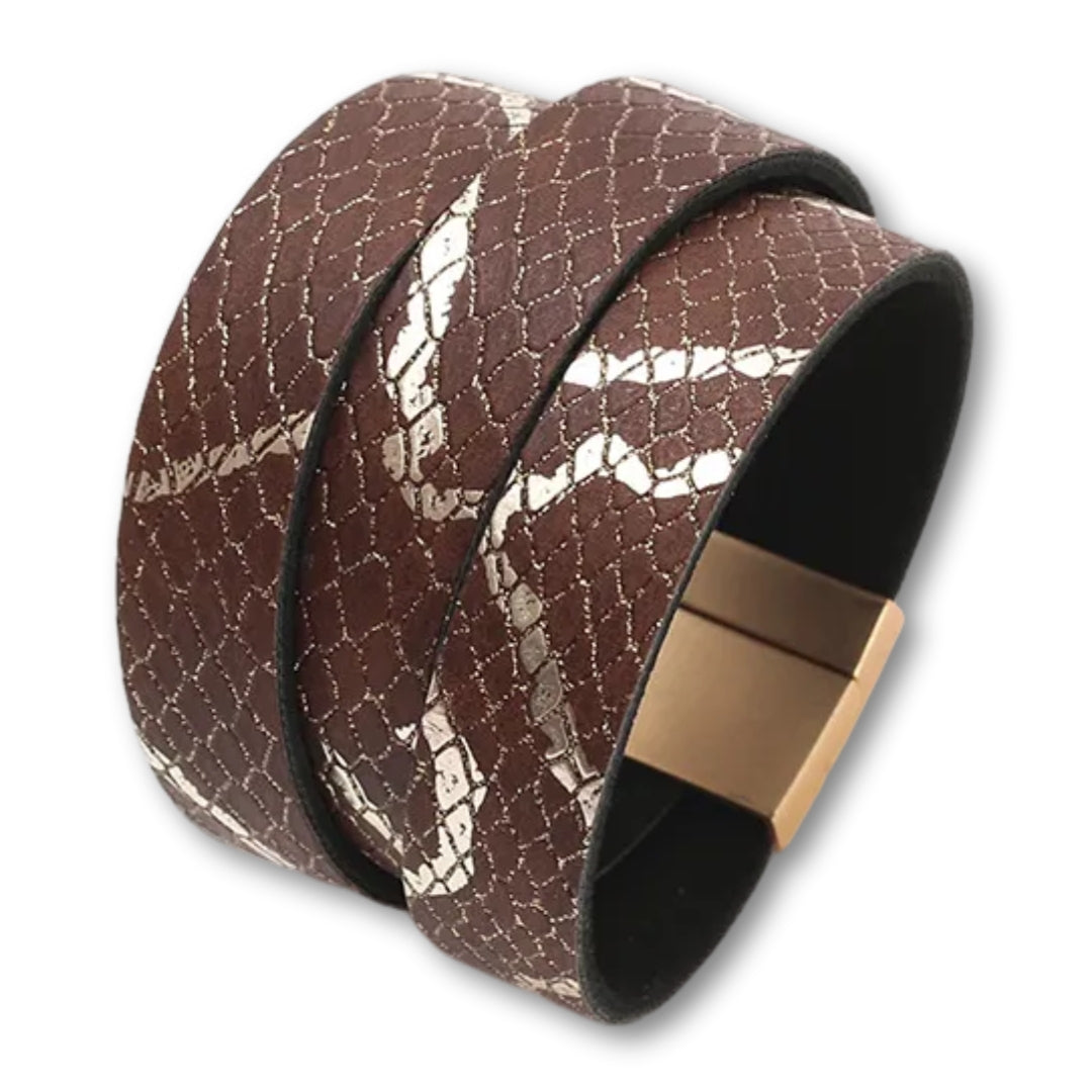 Bracelet manchette cuir femme effet serpent chic et tendance Marron