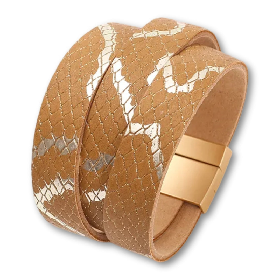 Bracelet manchette cuir femme effet serpent chic et tendance Marron Clair