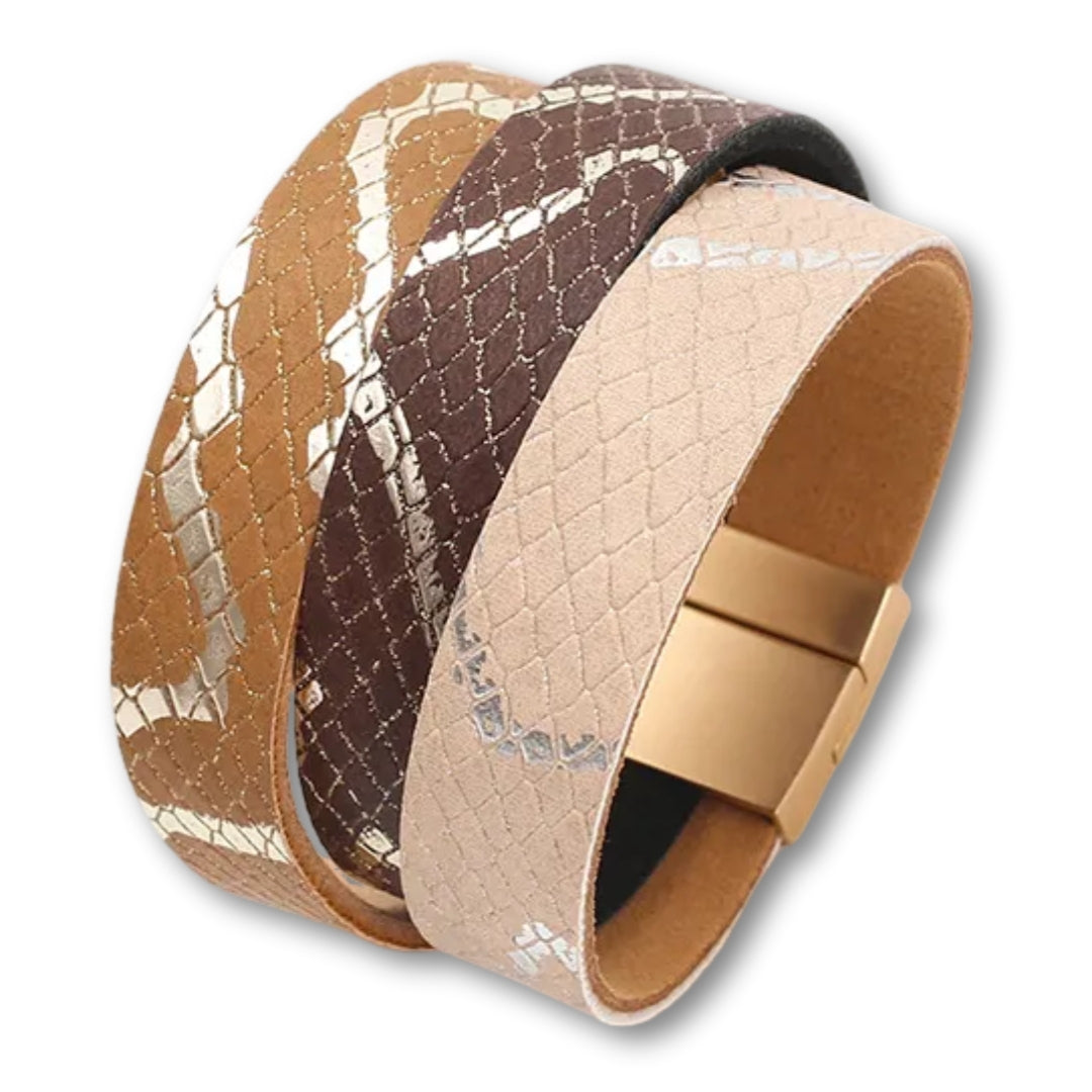 Bracelet manchette cuir femme effet serpent chic et tendance Marron/Rose
