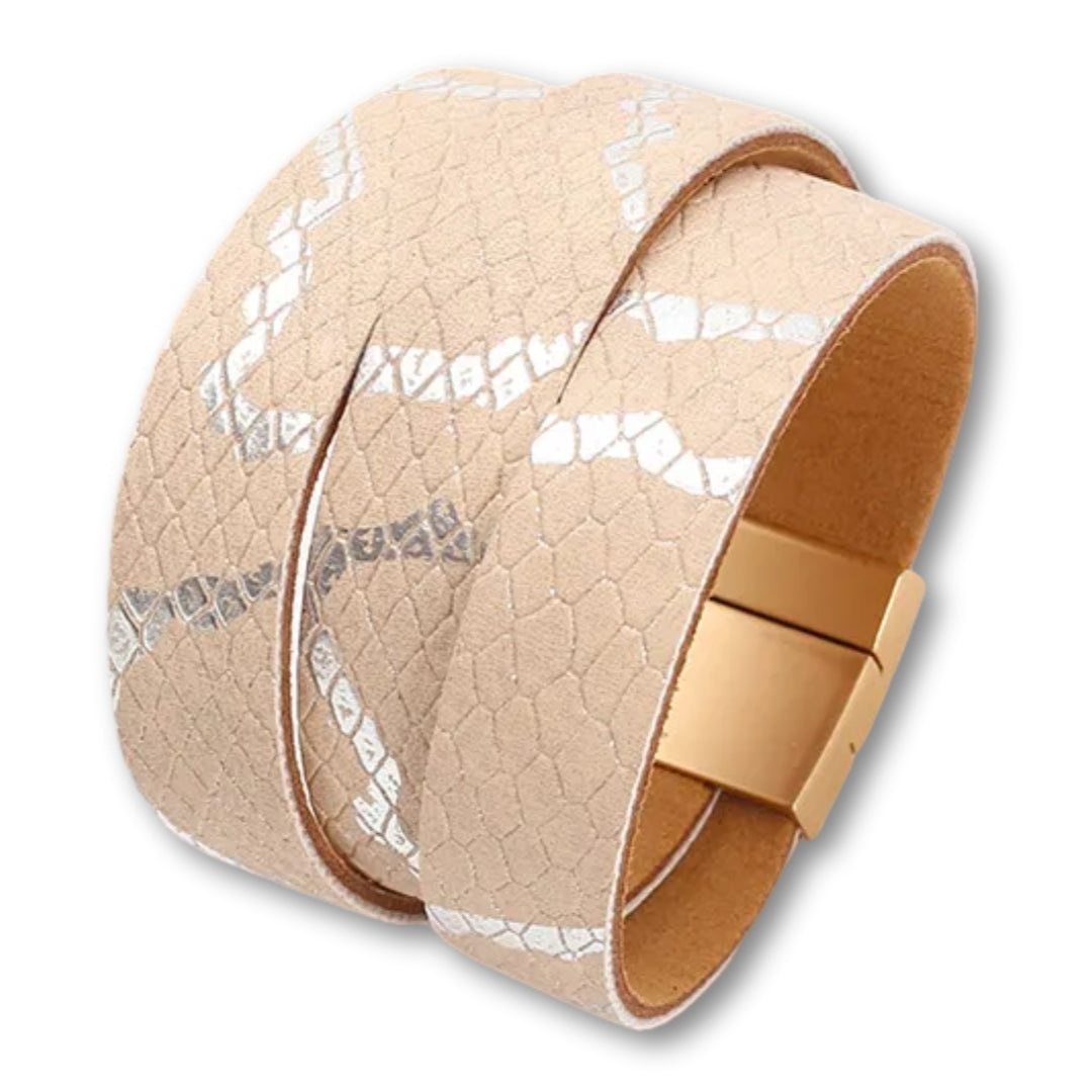 Bracelet manchette cuir femme effet serpent chic et tendance Rose Clair