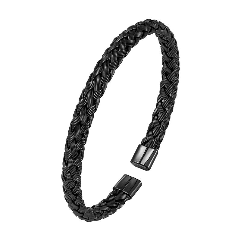 Bracelet manchette tressée acier homme – Mesh ajust. | WristArt Noir