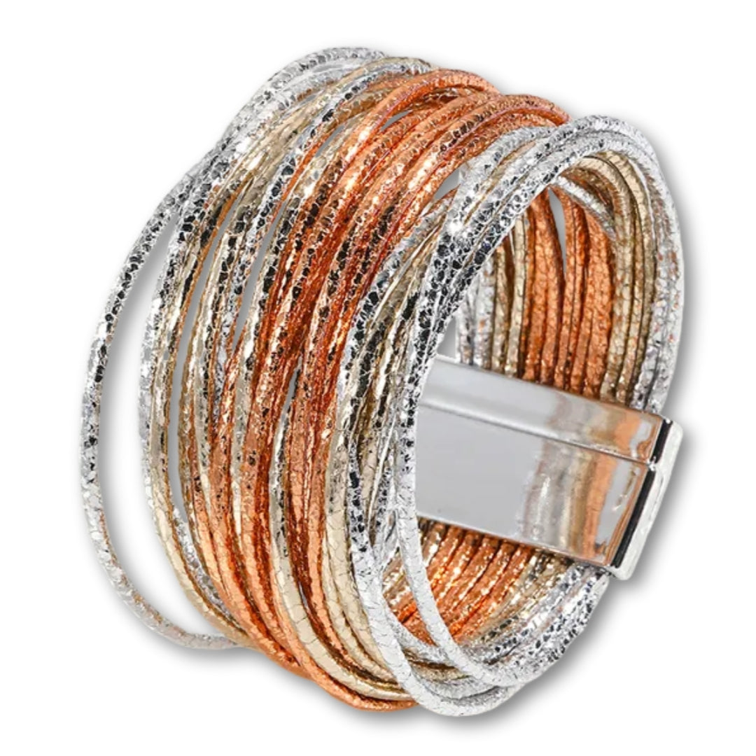 Bracelet Multi Rang Cuir Argent/Orange