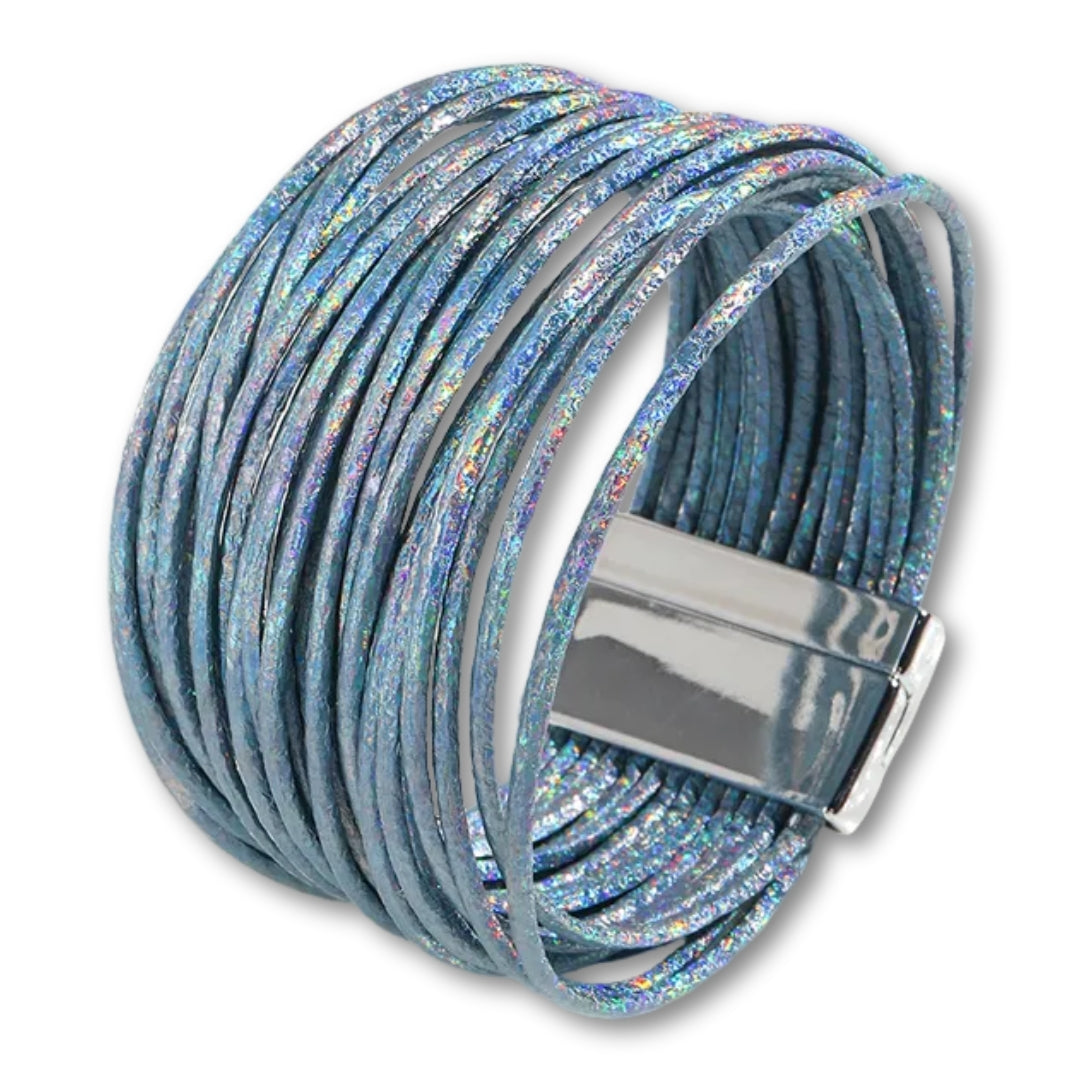 Bracelet Multi Rang Cuir Bleu scintillant