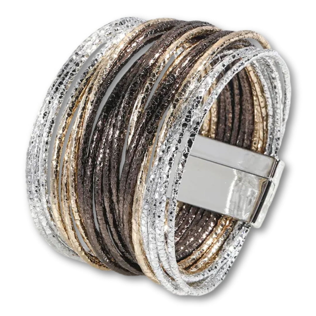 Bracelet Multi Rang Cuir Or/Argent/Marron