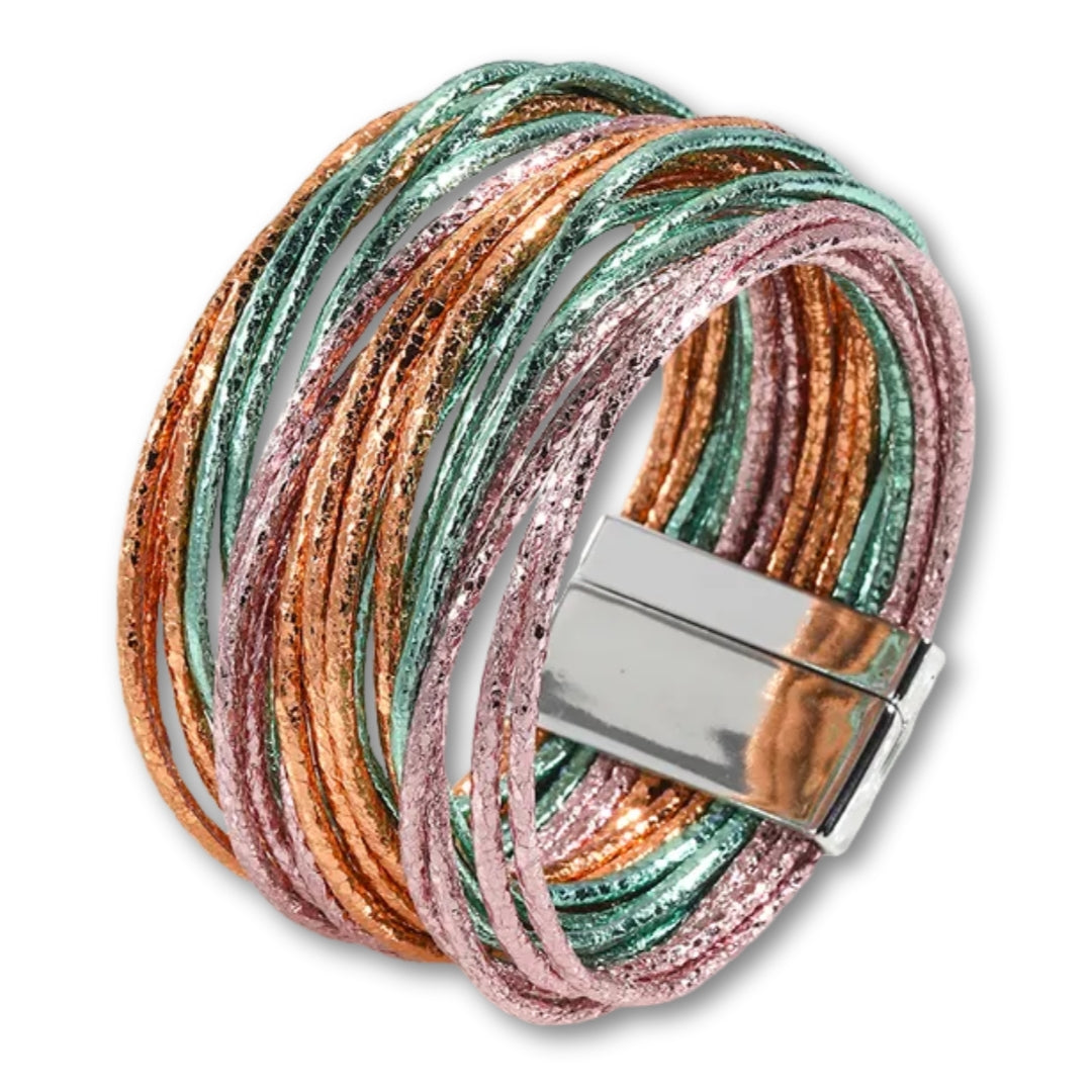 Bracelet Multi Rang Cuir Vert/Rose/Orange