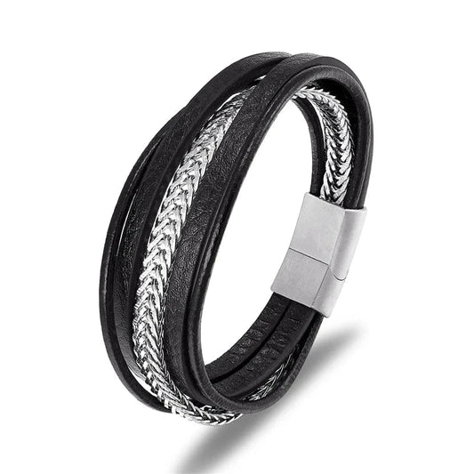 Bracelet multicouches en cuir véritable pour hommes, chaîne à maillons cubains en acier inoxydable, accessoires de bijoux magnétiques Punk Argent / 19cm