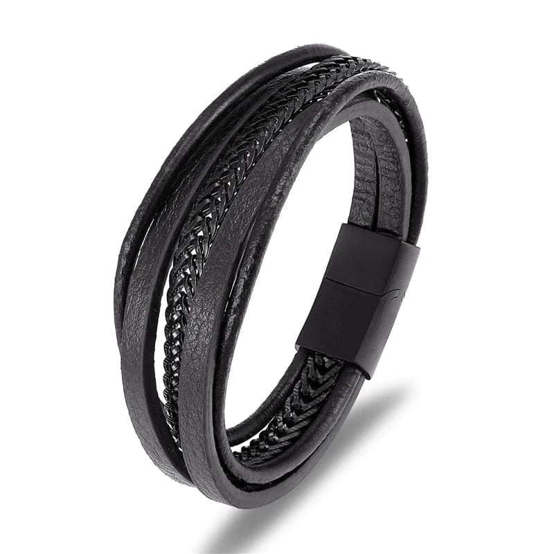 Bracelet multicouches en cuir véritable pour hommes, chaîne à maillons cubains en acier inoxydable, accessoires de bijoux magnétiques Punk Noir / 19cm