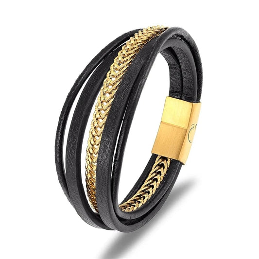 Bracelet multicouches en cuir véritable pour hommes, chaîne à maillons cubains en acier inoxydable, accessoires de bijoux magnétiques Punk Or / 21cm