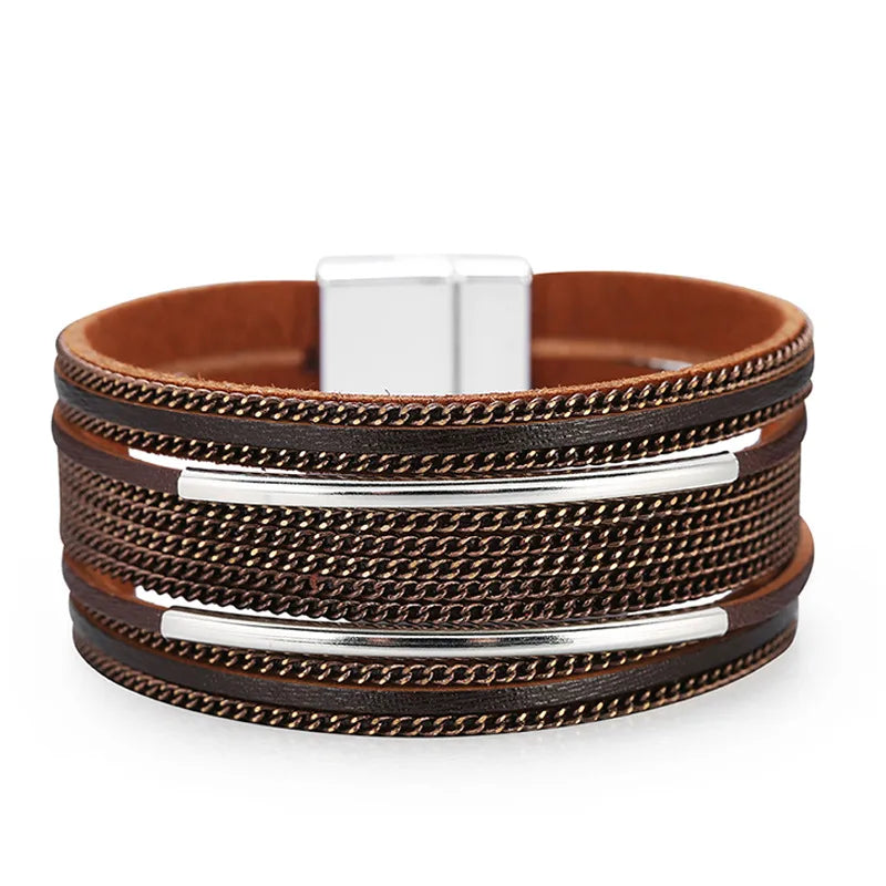bracelet multirang cuir femme Marron