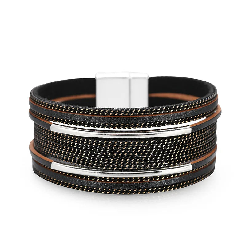 bracelet multirang cuir femme Noir