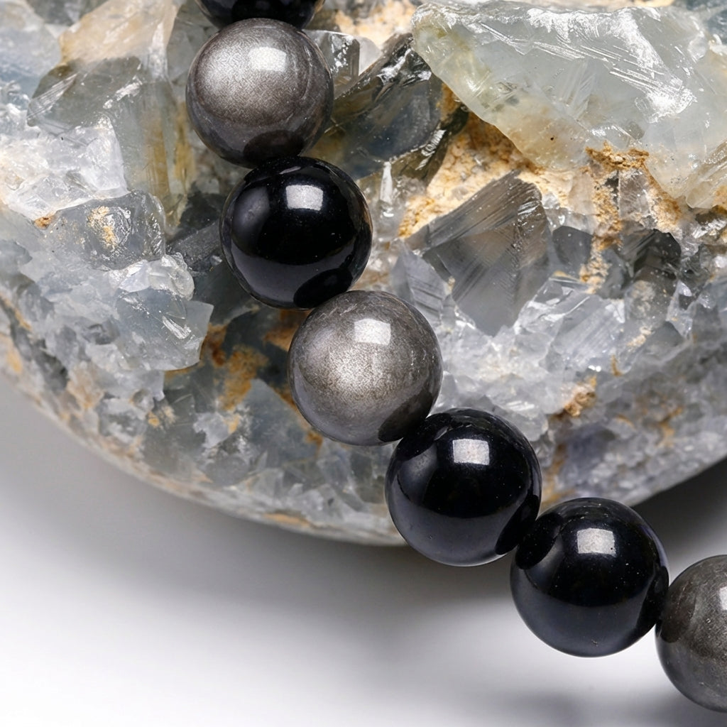 Bracelet Obsidienne Argentée 6/8mm Pierre Naturelle | WristArt