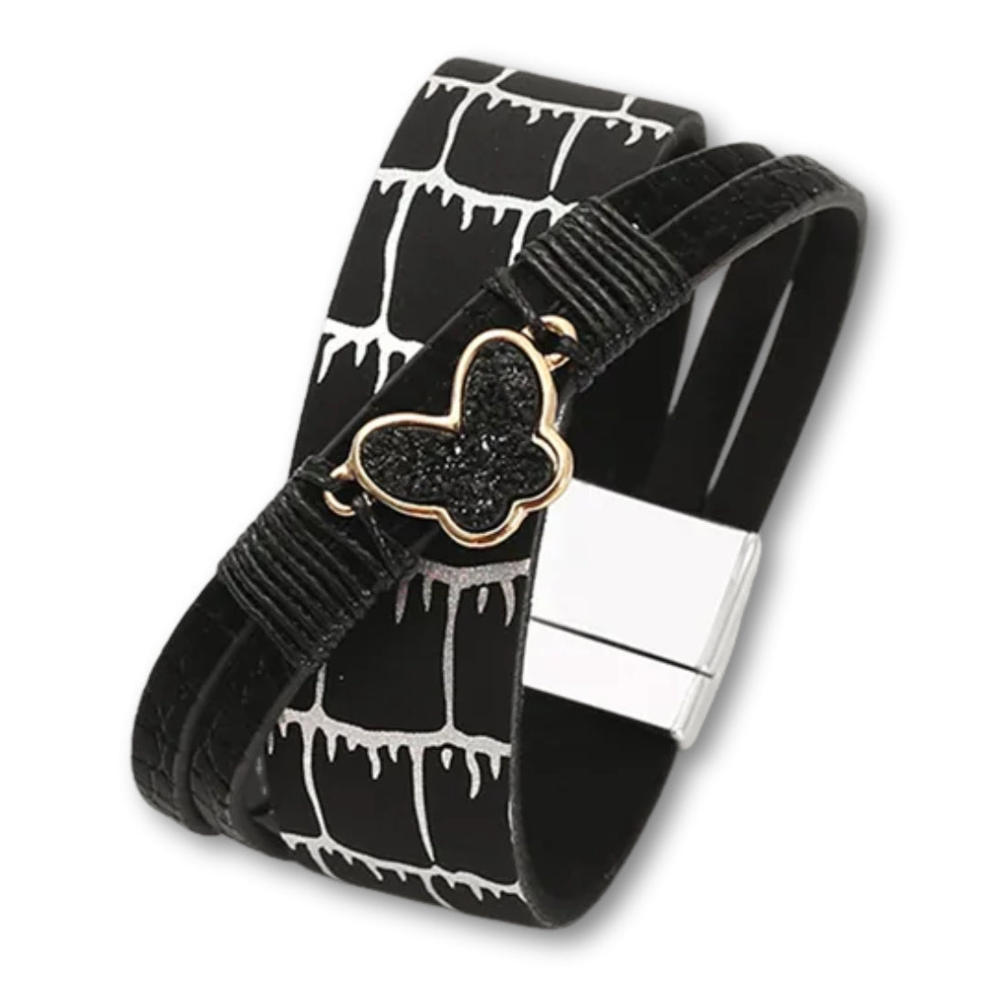 Bracelet papillon cuir femme | Élégance tendance Noir