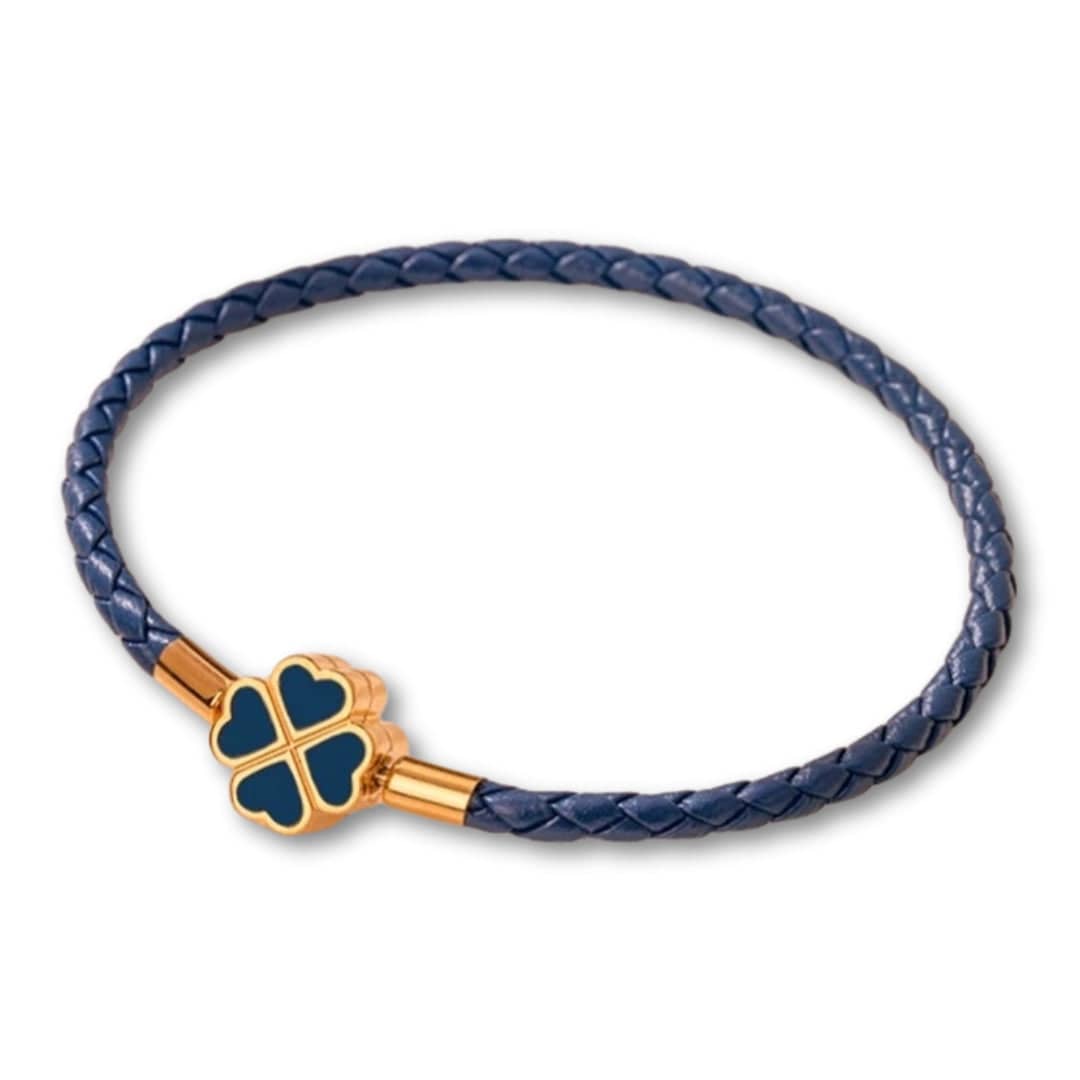 Bracelet Trèfle 4 Feuilles en Cuir | Porte-Bonheur Élégant Bleu Foncé / 16cm