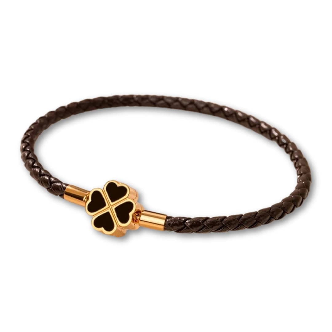 Bracelet Trèfle 4 Feuilles en Cuir | Porte-Bonheur Élégant Marron / 16cm