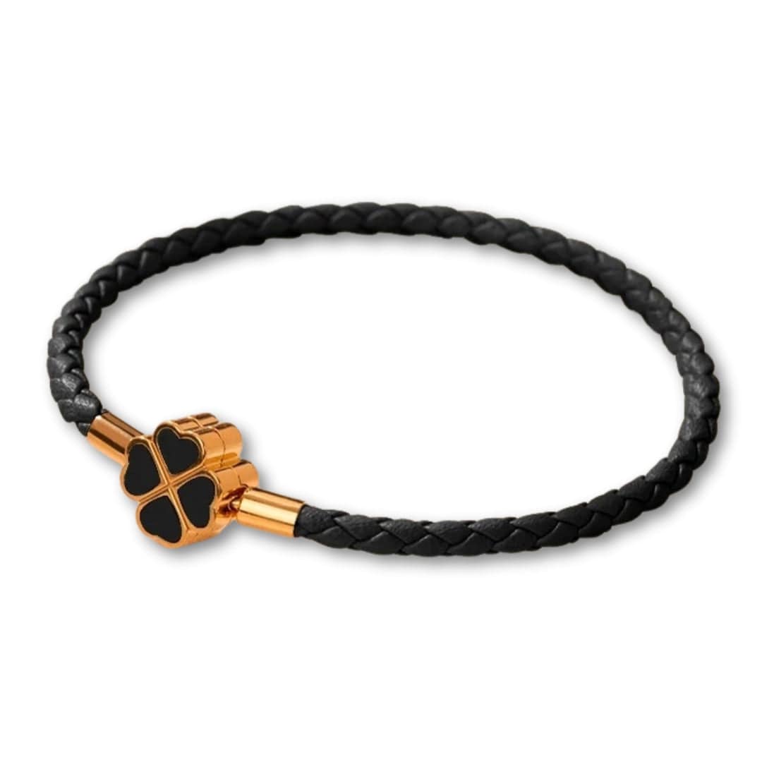 Bracelet Trèfle 4 Feuilles en Cuir | Porte-Bonheur Élégant Noir / 16cm