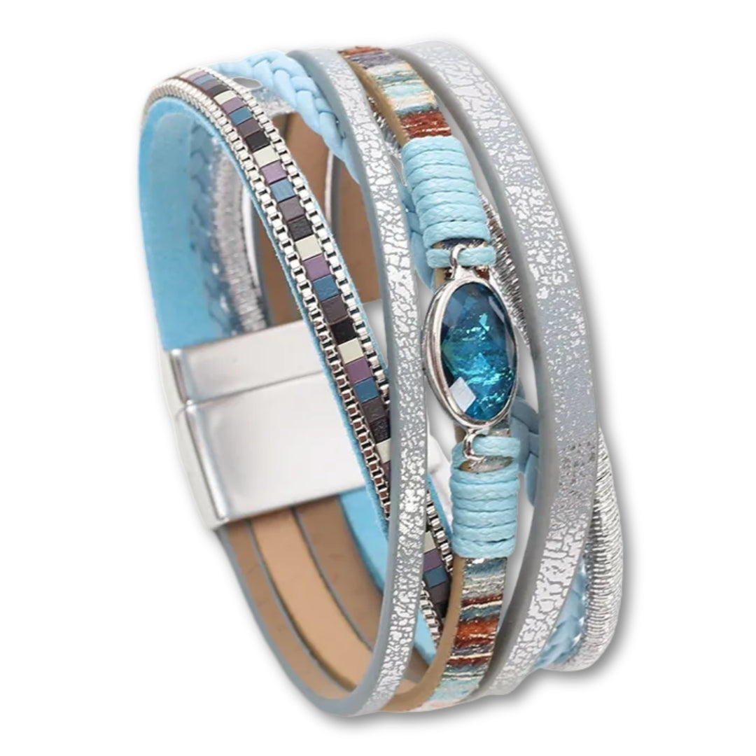 Bracelet Tressé Cuir Multicolore Crystal Bleu Clair